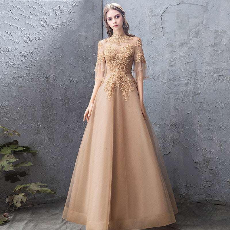 Banquet Evening Dress Female Golden Stand-up Collar Host Annual Party Dress Skirt