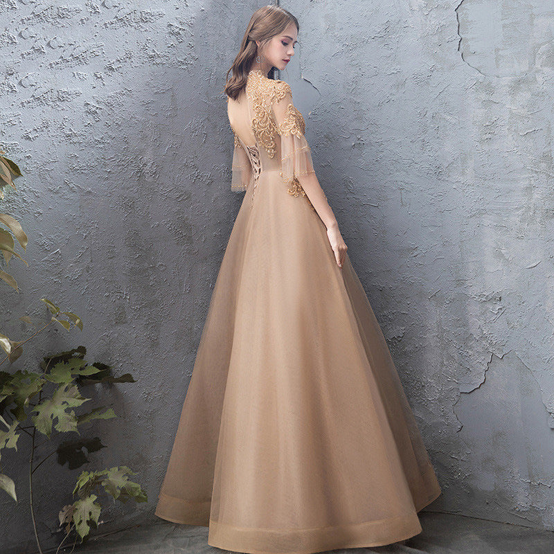 Banquet Evening Dress Female Golden Stand-up Collar Host Annual Party Dress Skirt