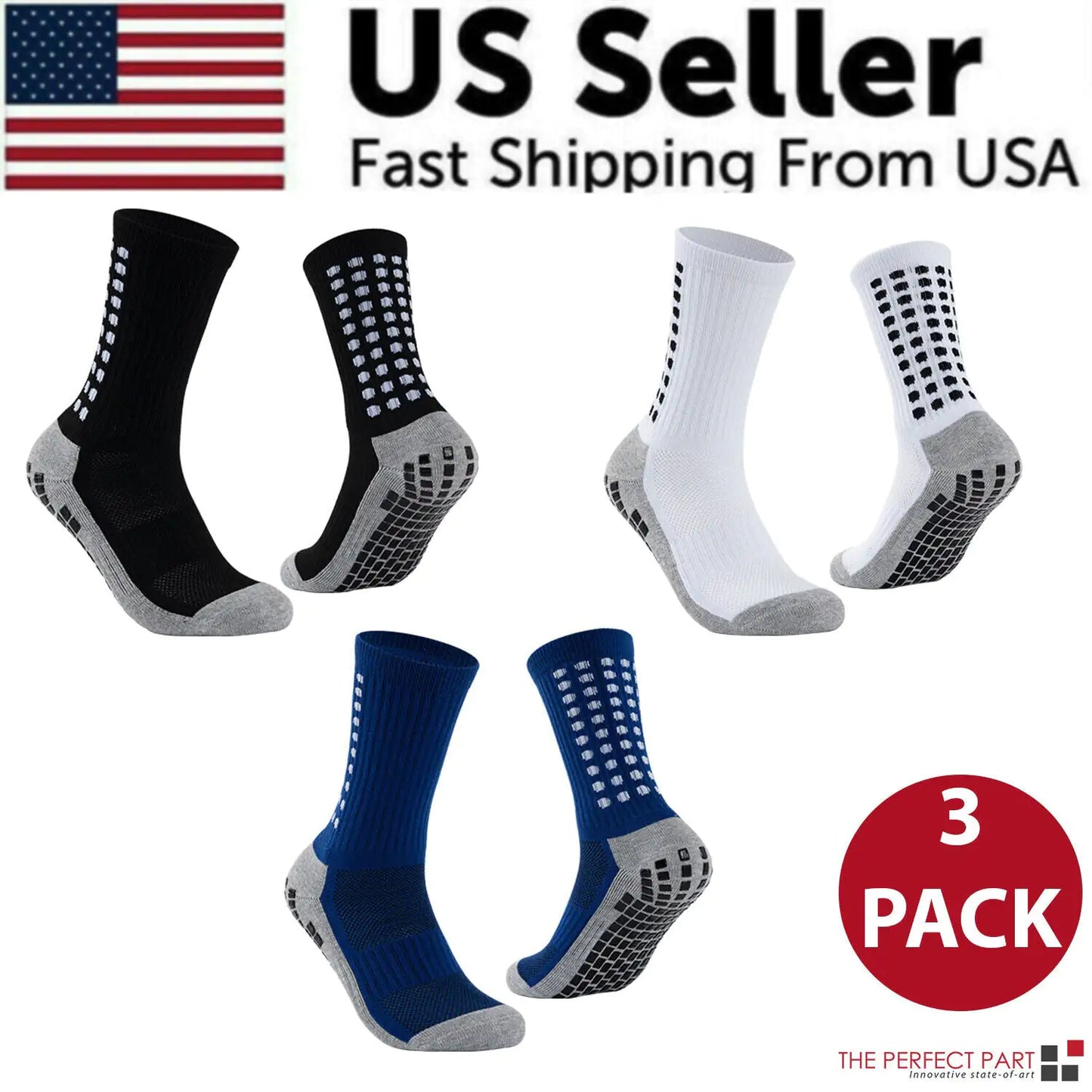 3 Pair Sport Socks Anti Slip W/ Grip Soccer Men Football Basketball Sock Premium