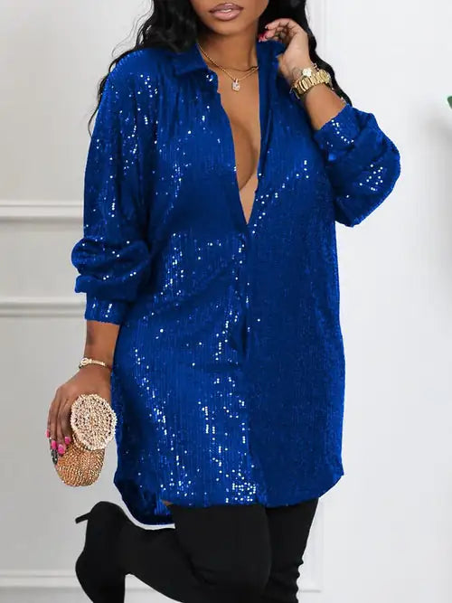 Long Sleeve Allover Sequin Shirt Dress