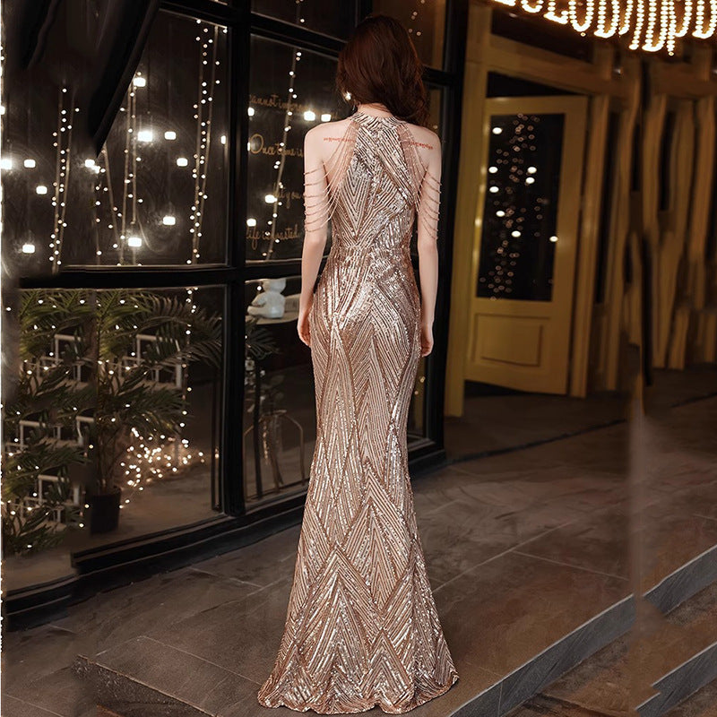 Beaded Sequined Banquet Long Halter Set Diamond Queen Fishtail Evening Gown