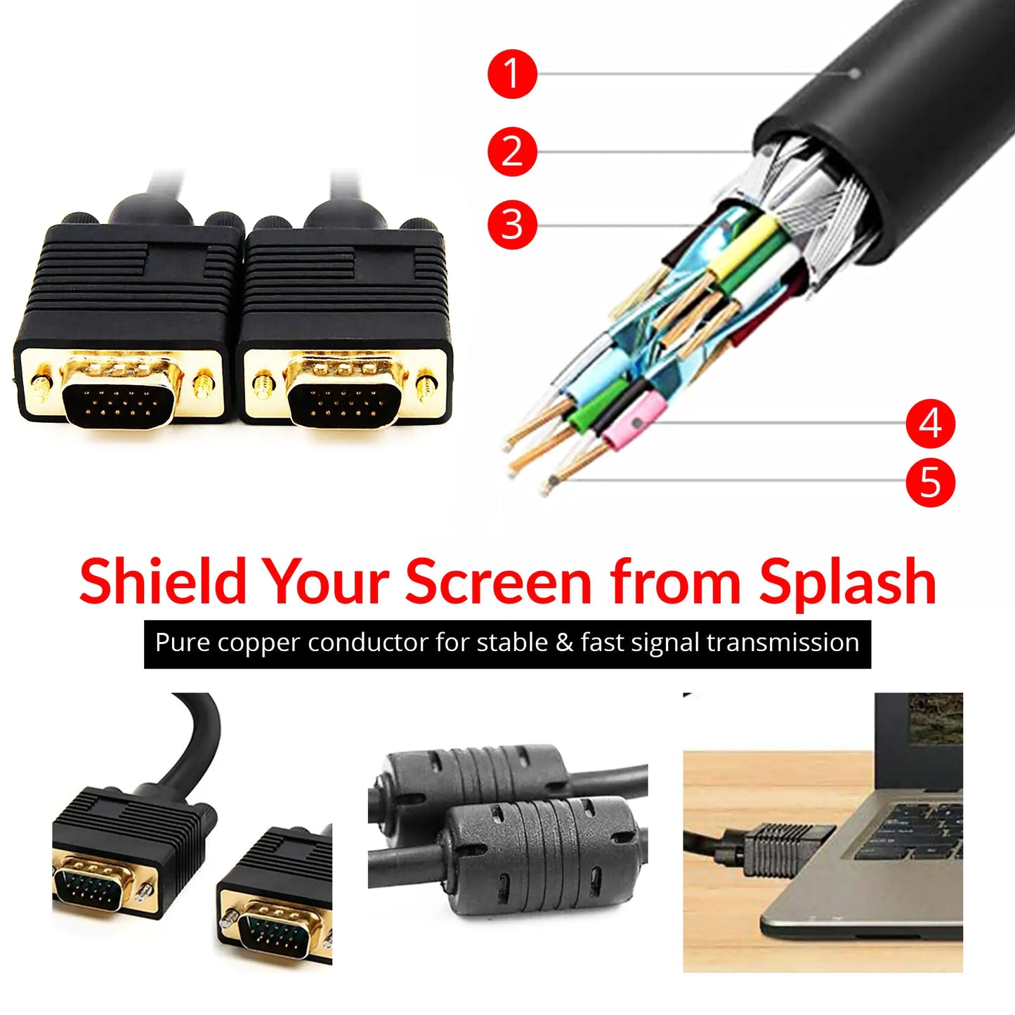 5 CORE VGA to VGA Cable 6Ft 15 Pin VGA Male to Male Video Transmission Extension Cord 1080P Full HD Computer Monitor Projector Cables