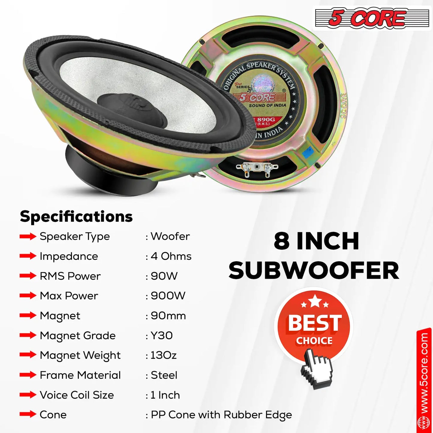 5Core 8 Inch Subwoofer Speaker 900 W Amplified Car Bass Sub Woofer 4 Ohm Audio System