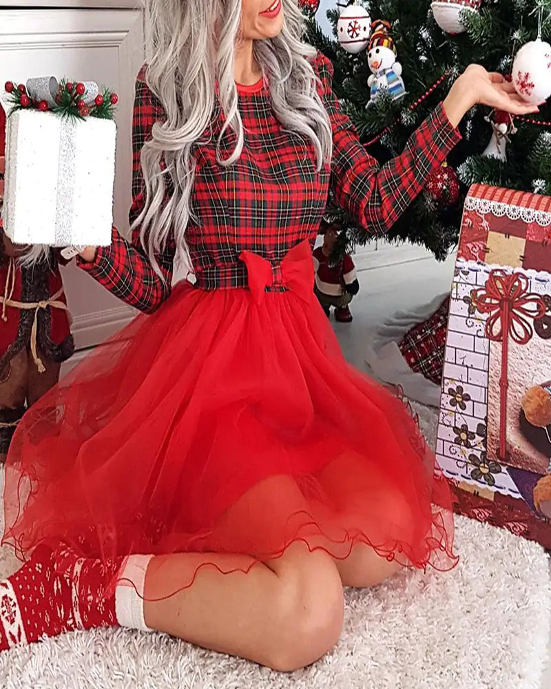 Red Plaid Waist Cinching Dress