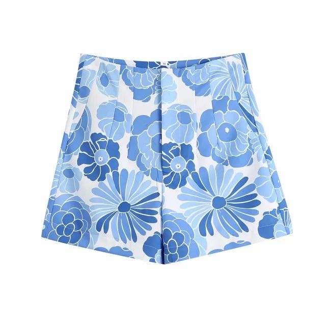 Blue Floral Print Shorts