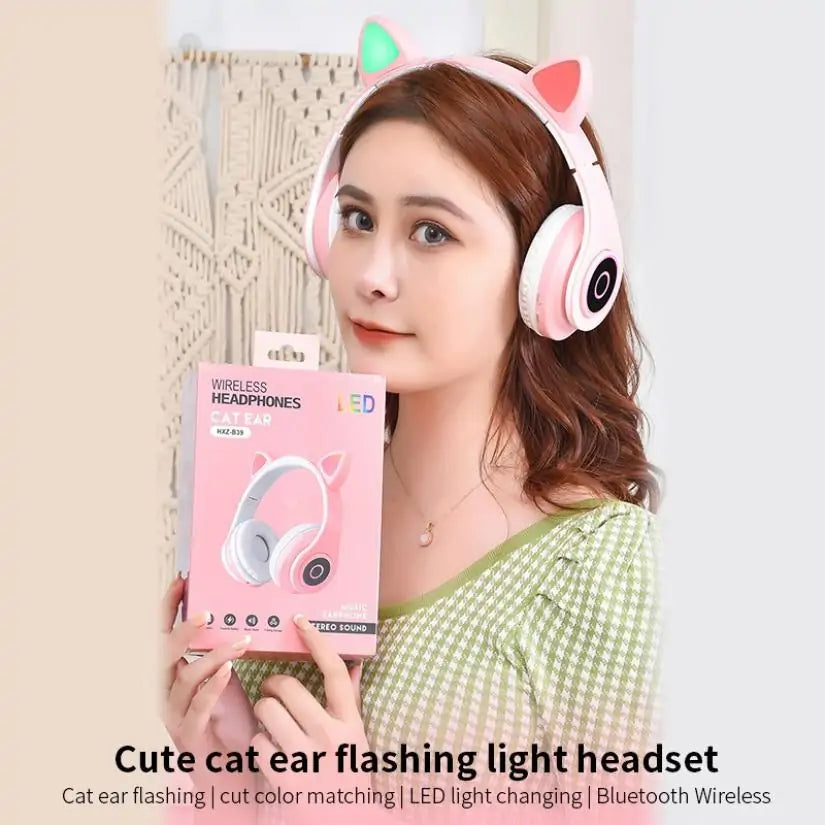 LED Cat Ear Bluetooth 5.0 Headphones with Noise Cancelling and TF Card Support