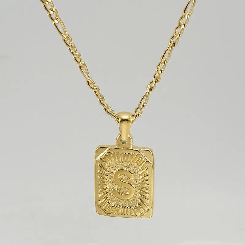 18" Gold Plated Initial Letter Pendant Necklace Stainless Steel Figaro Chain