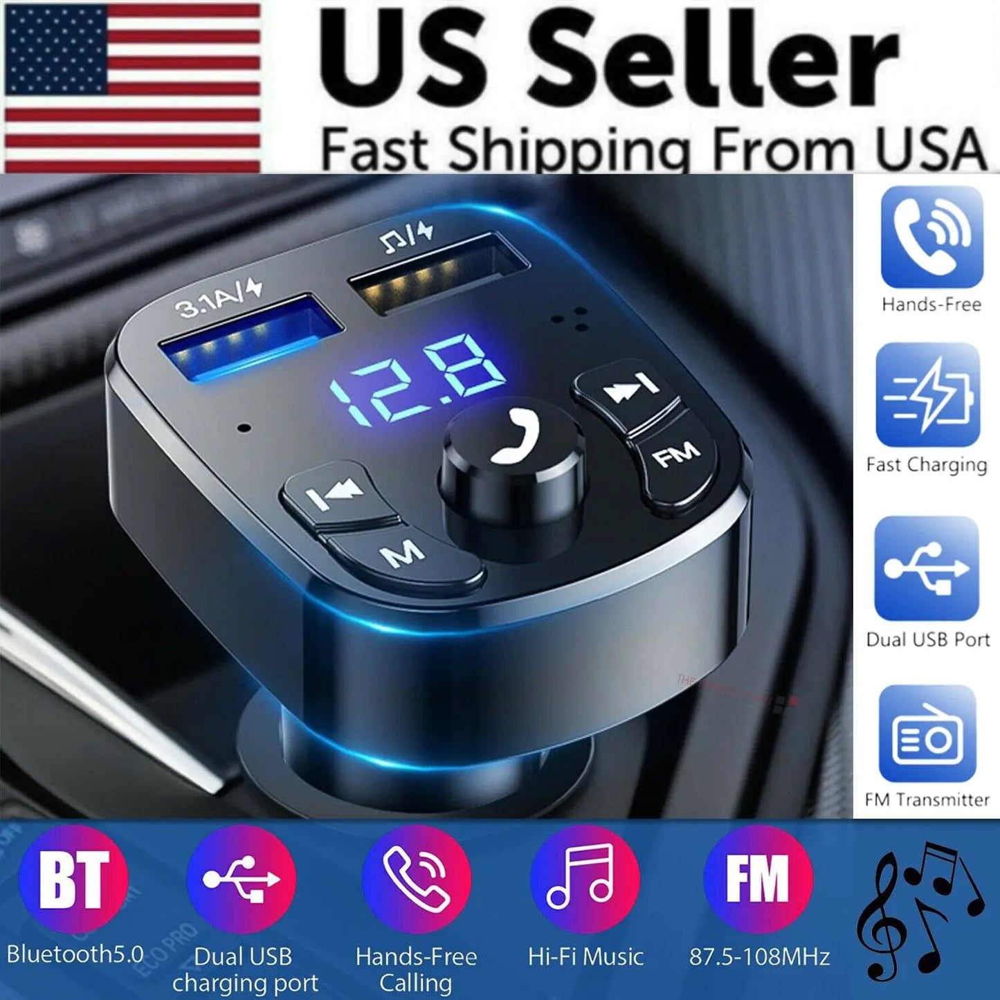 Wireless Car Bluetooth FM Transmitter MP3 Audio USB Charger Adapter Handsfree