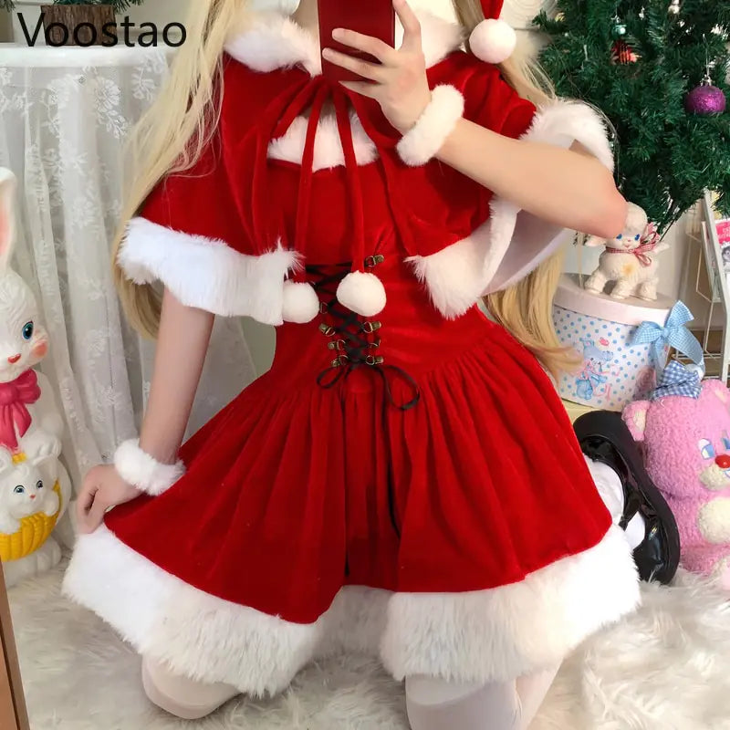 Autumn Winter Cute Christmas Red Shawl Dress