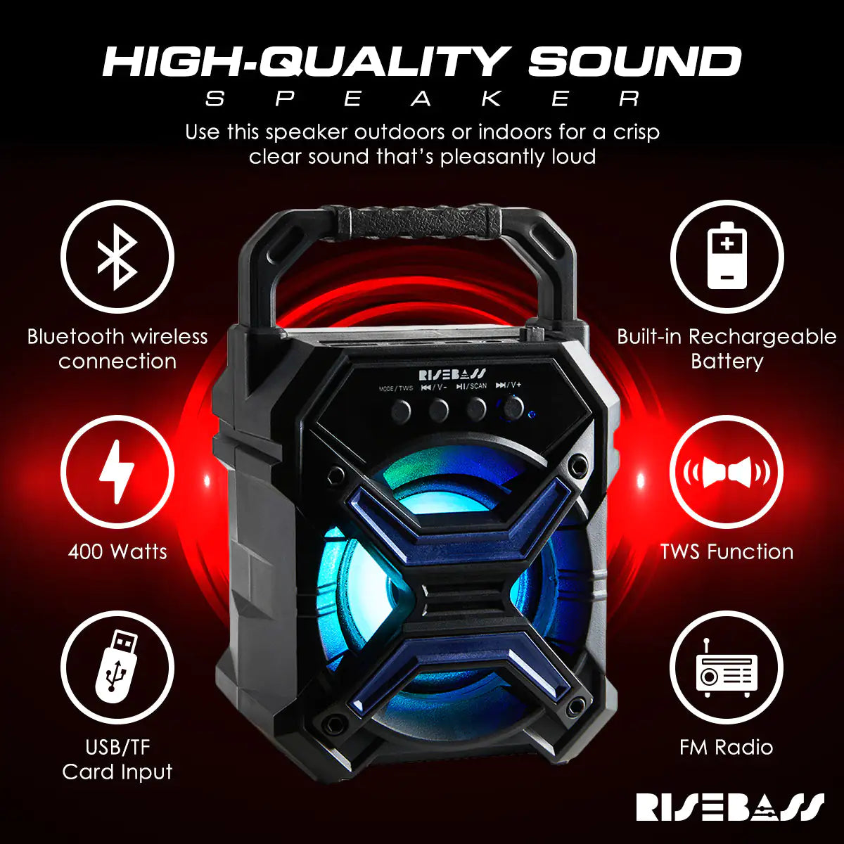 Portable Wireless Bluetooth Speaker with TWS Function - Rechargeable Bluetooth Speaker - 7" 65db Wireless Speaker