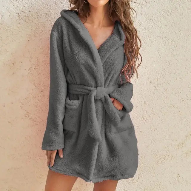 Women Hooded Fleece Bathrobe