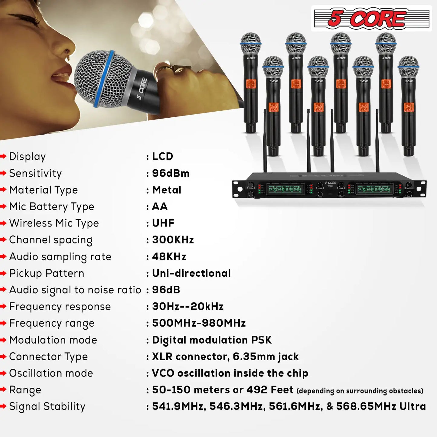 5Core Wireless Microphones 8 Channel Karaoke Professional UHF Singing Mic System Cordless Microfonos