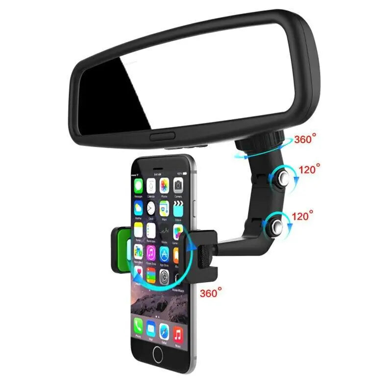 360° Car Rearview Mirror Rotation Adjustable Phone Holder Mount Multifunction