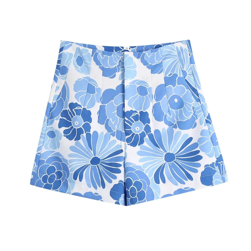 Blue Floral Print Shorts