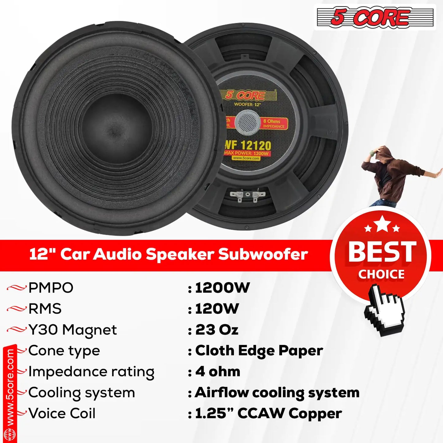 5Core 12 Inch DJ Subwoofer Speaker 1200W Peak 4Ohm Car Audio Replacement Sub woofer