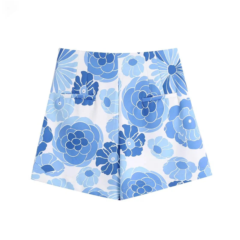 Blue Floral Print Shorts