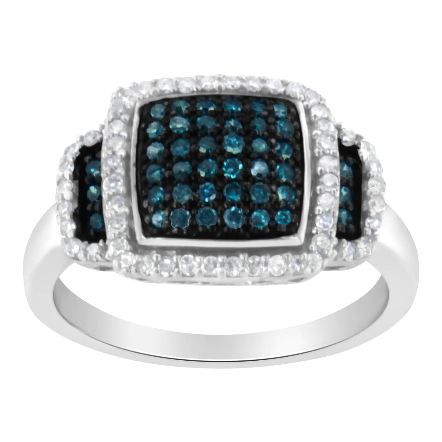 Black Rhodium Plated .925 Sterling Silver 1/2 Cttw White & Blue Diamond Square Halo Cocktail Ring (Fancy Blue & H-I Color, I2-I3 Clarity)