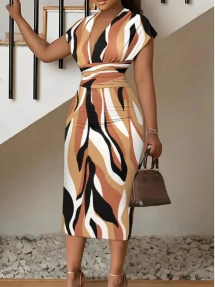 Printed Bodycon Midi Dress Women's V-neck