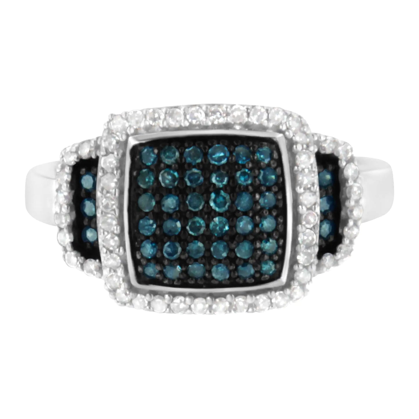 Black Rhodium Plated .925 Sterling Silver 1/2 Cttw White & Blue Diamond Square Halo Cocktail Ring (Fancy Blue & H-I Color, I2-I3 Clarity)