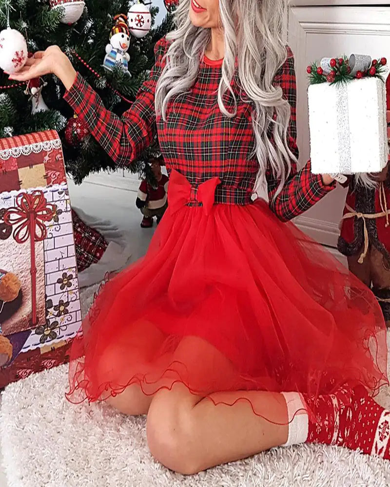 Red Plaid Waist Cinching Dress