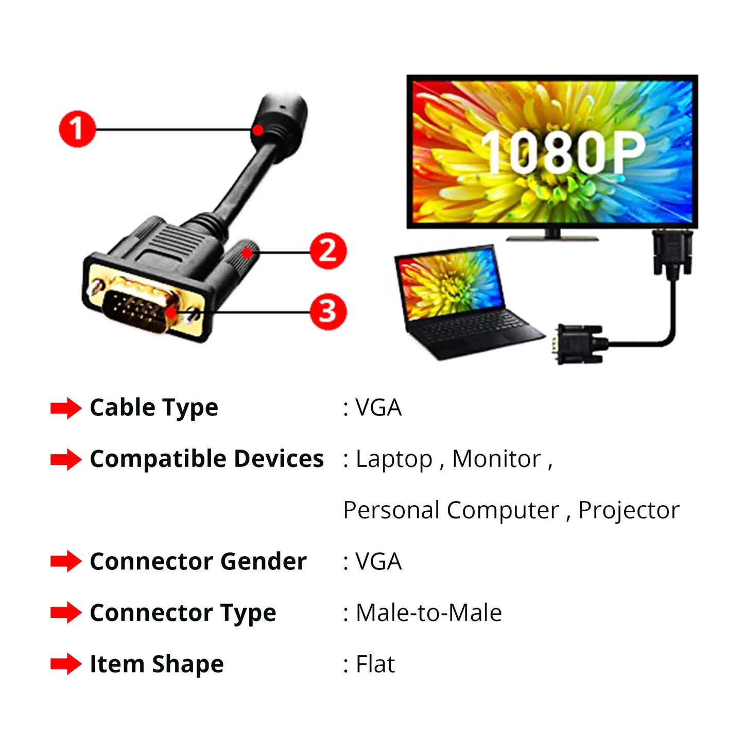 5 CORE VGA to VGA Cable 6Ft 15 Pin VGA Male to Male Video Transmission Extension Cord 1080P Full HD Computer Monitor Projector Cables