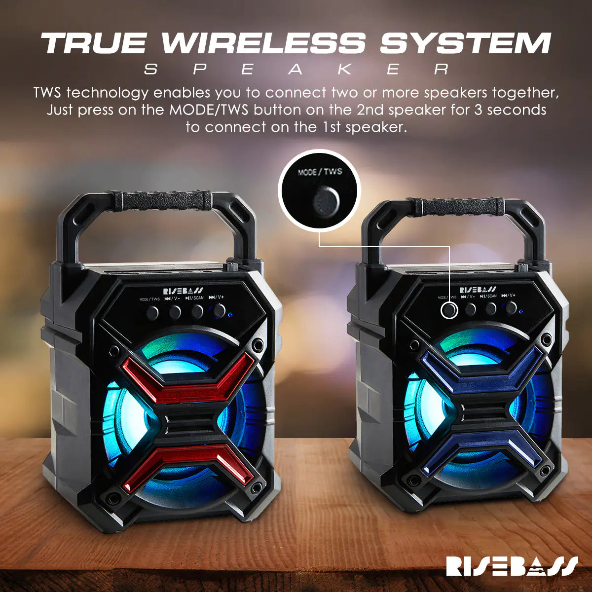 Portable Wireless Bluetooth Speaker with TWS Function - Rechargeable Bluetooth Speaker - 7" 65db Wireless Speaker