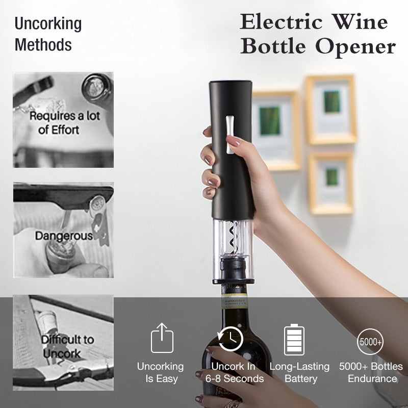 This electric wine opener features a foil cutter, fits most standard wine bottle sizes, and can open your wine in 6-8 seconds.